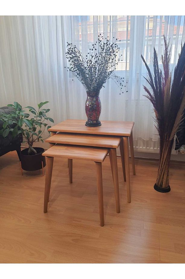 Masif Doğal Ahşap 3'lü Zigon Sehpa Set, Modern Masif Yan Sehpa - 5