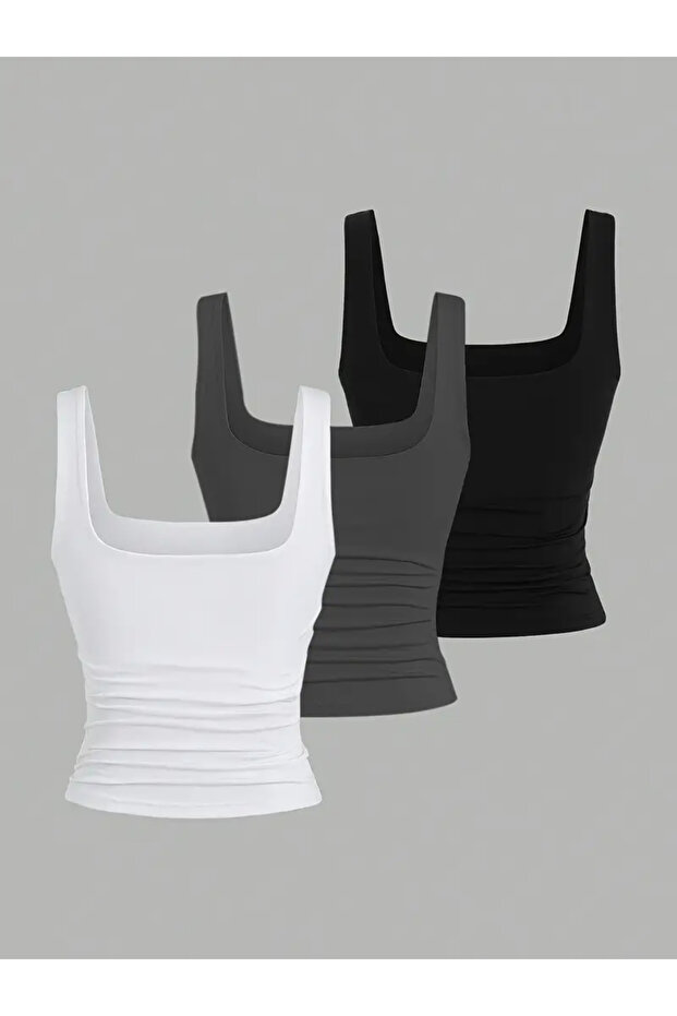 Kadın 3'lü Likralı Basic Bluz - 2