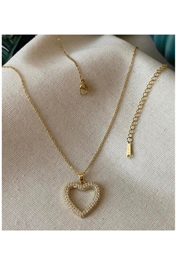 Zircon Stone Gold Hollow Heart Steel Necklace