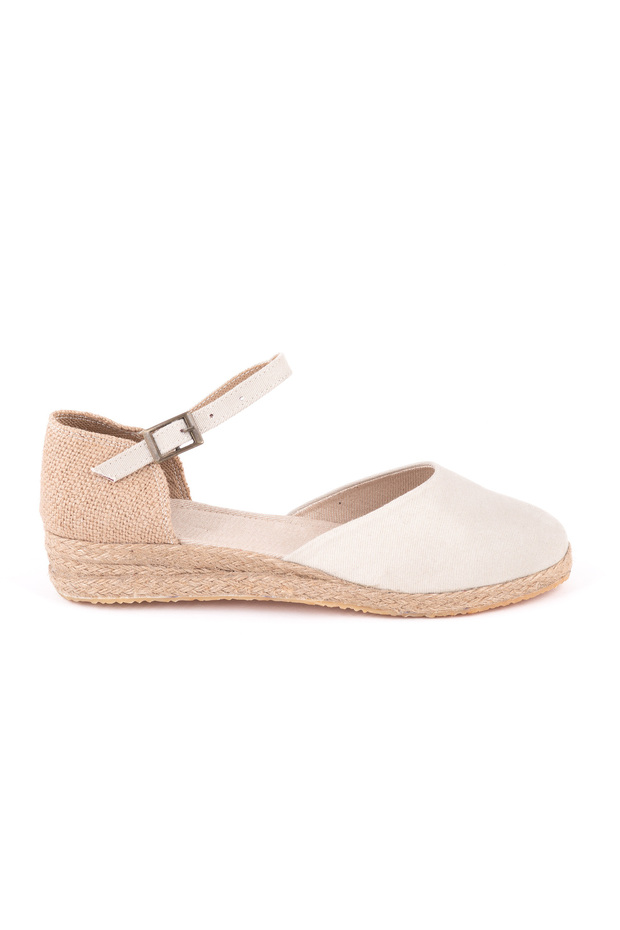 Children's Espadrille Open Side Ankle Buckle Strap Wedge Heel Linen Straw
