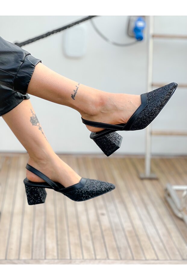 Ava Black Stone 5 cm Heel Sandals