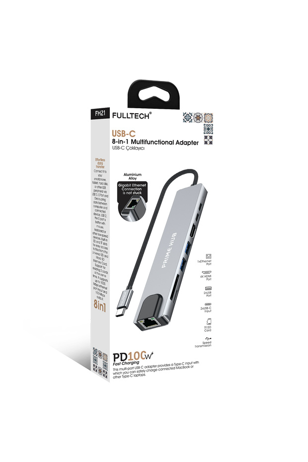 FH21 8-in-1 USB-C Çoklayıcı | 4K HDMI, 100W PD, Gigabit Ethernet, SD/TF Kart Okuyucu, 2xUSB - 2