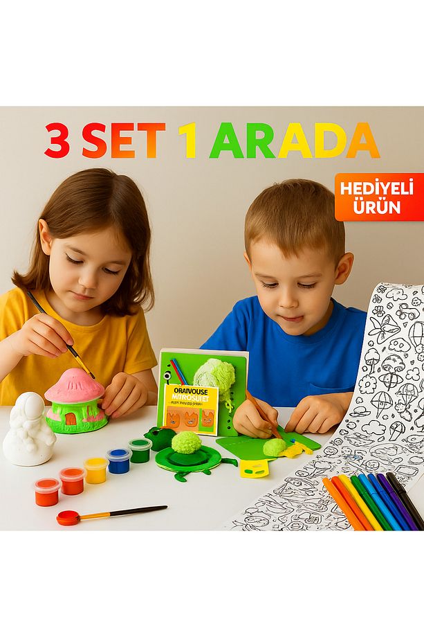 3’ü 1 Arada Aktivite Seti – Alçı Boyama + Örgü Seti + 2 Metre Boyama Kağıdı Seti - 1