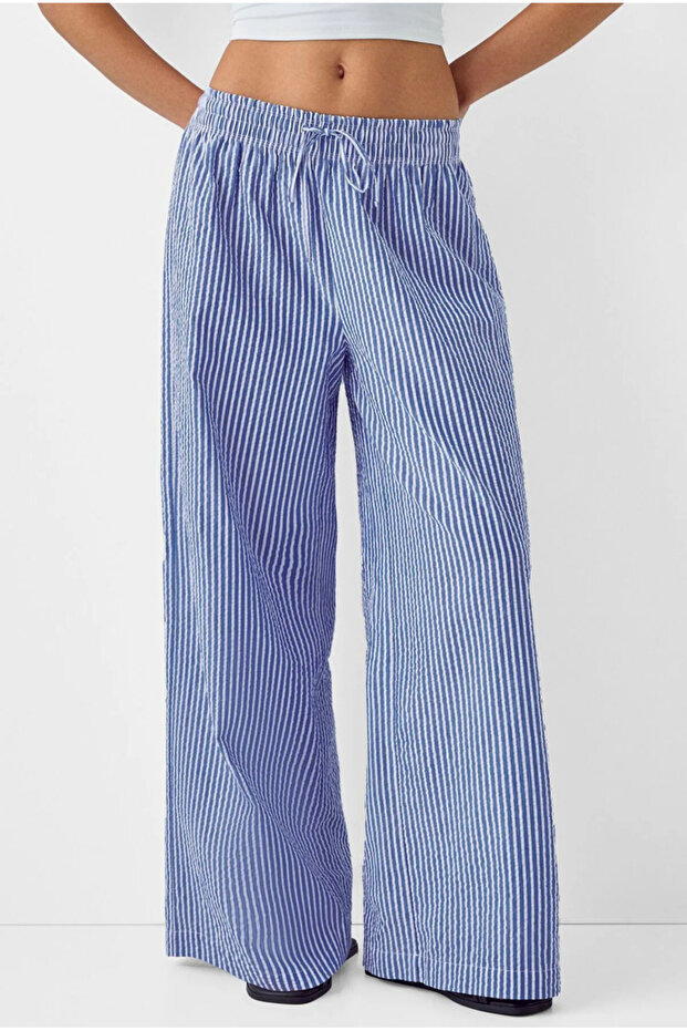 Blue Striped Cotton Pajama Pants with Elastic Waist