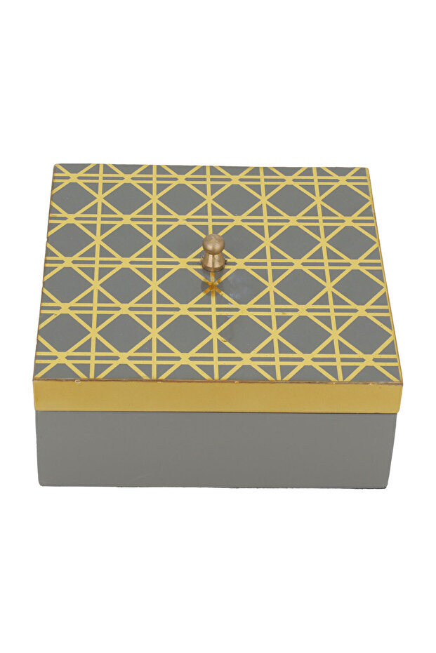 Divided Wooden Box with Lid from Alsaif Gallery, 17×17×7 cm, Square, Golden Engravings - Gray