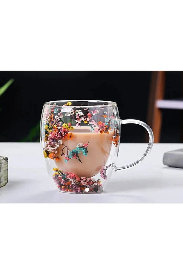250 Ml Isıya Dayanıklı Borosilikat Çift Çidarlı Flower Çiçekli Bardak | Çiçekli Kahve Sunum Bardağı - 3