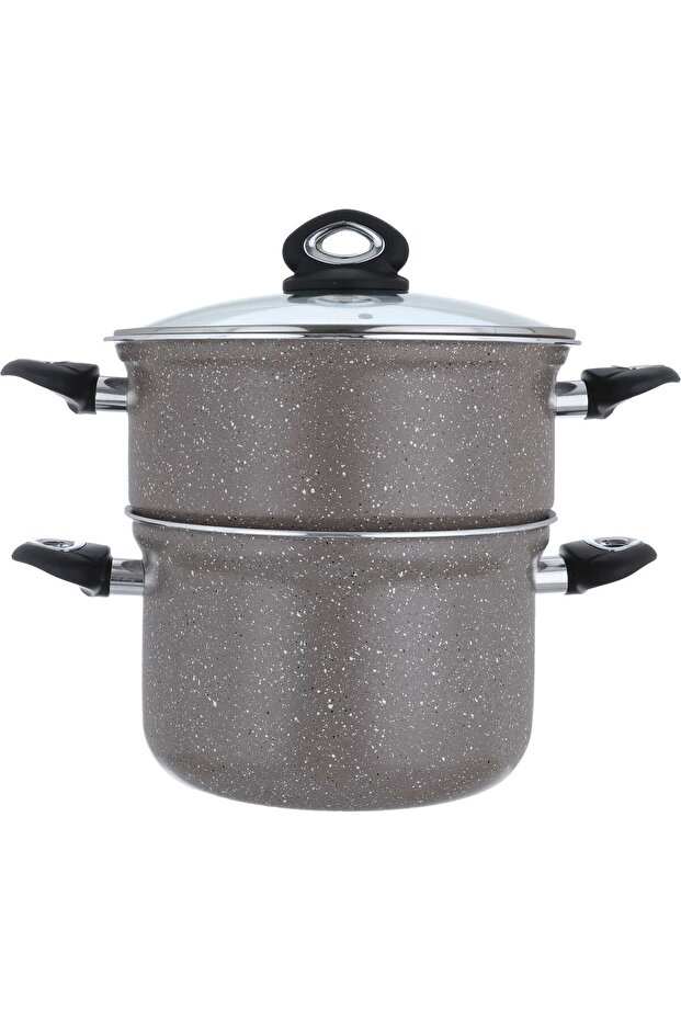 Saif Gallery Granite Cooking Pot, 28 cm, Glass Lid - Grey