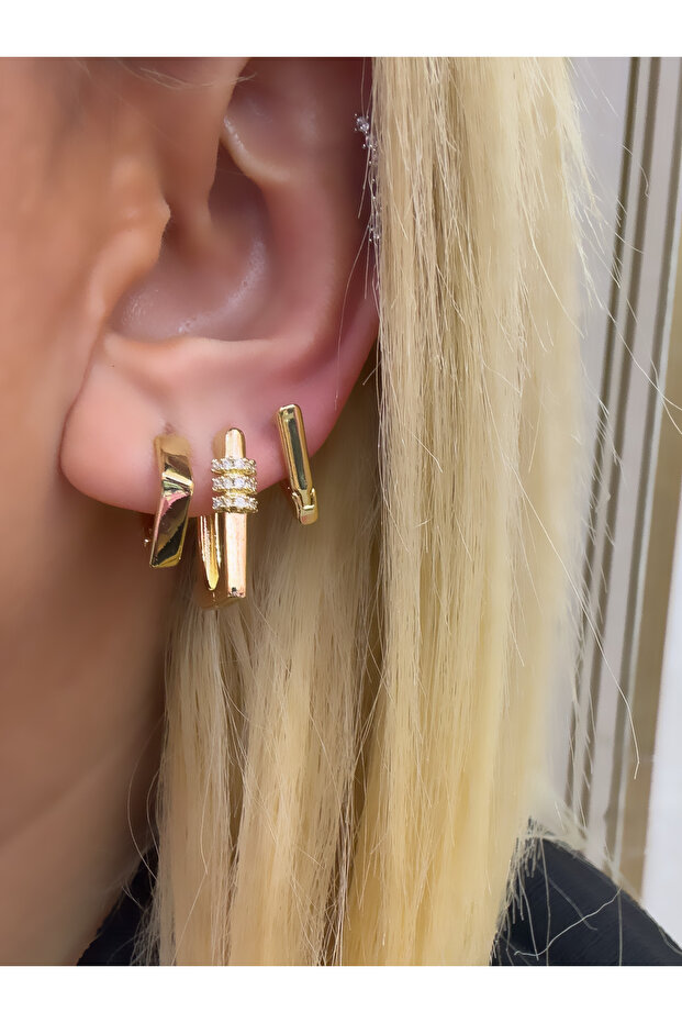 TAŞLI DİKDÖRTGEN MODEL ÜÇLÜ SET ÇELİK KÜPE - 5