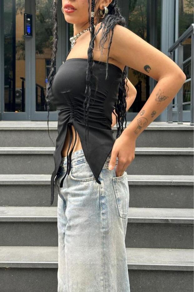 Asymmetrical Gathered Strapless Blouse - 2