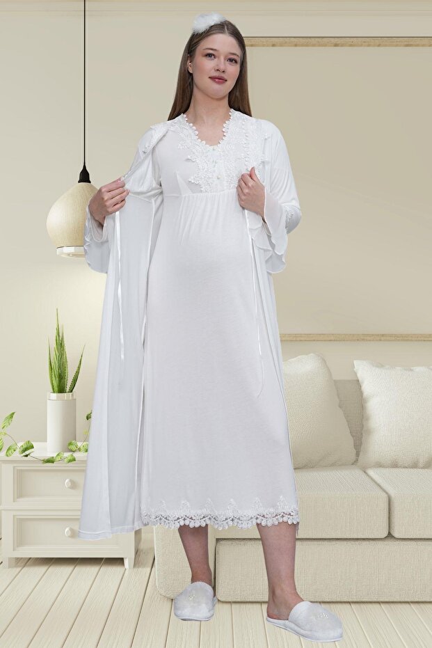 Mecit 1518 Ecru Maternity Nightgown Set with Morning Dress