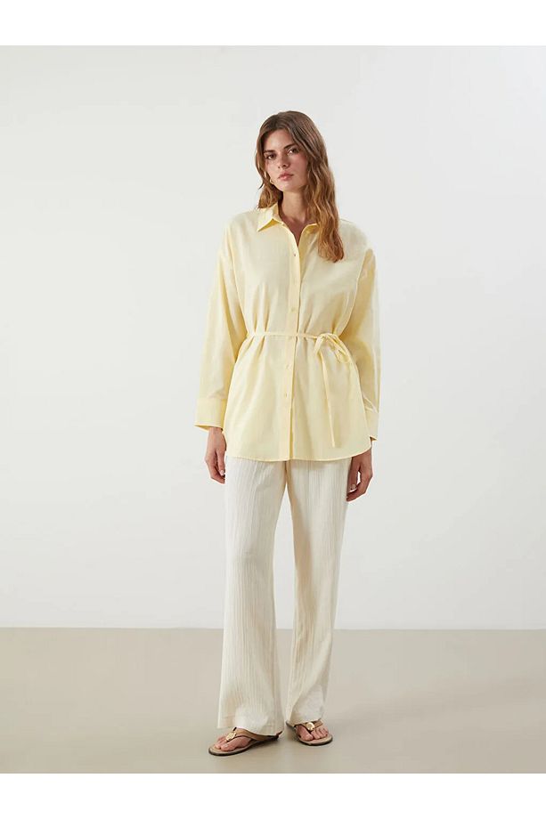 LCW Vision Sari Beli Kuşaklı Oversize Kadın Gömlek - 2