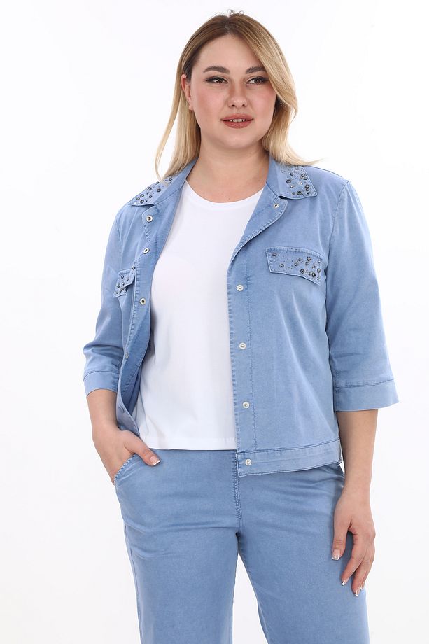 Kadın Üçlü Özel Taş İşlemeli Yazlık İndigo Mavisi Takım Ceket Pantolon Tshirt - 4