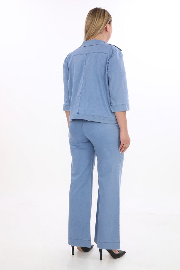 Kadın Üçlü Özel Taş İşlemeli Yazlık İndigo Mavisi Takım Ceket Pantolon Tshirt - 6