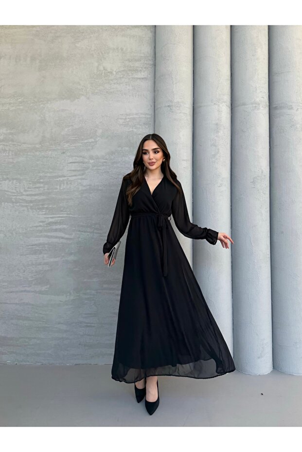 Double Breasted Collar Belt Detail Lined Chiffon Dress