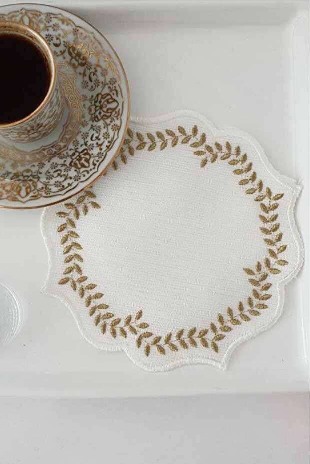 Wheat Embroidered Linen Square Coasters Set of 6 Gold