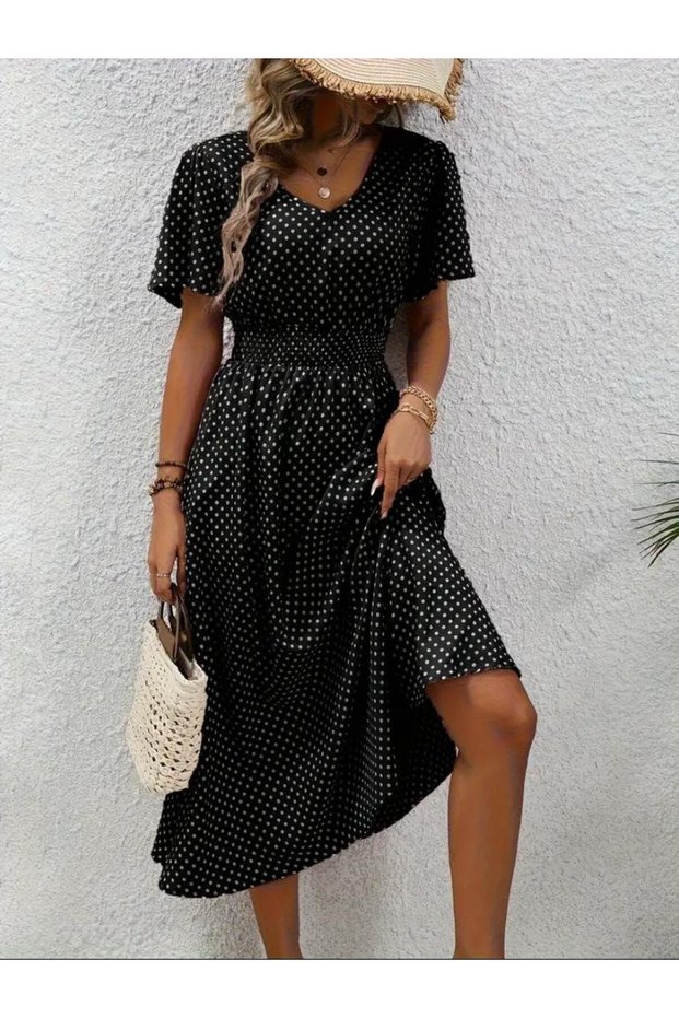 Polka Dot, Short-Sleeved Midi Women's Dress - V-Neck, Smocked Waist Detail