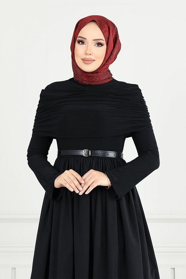 Drape Detay Tesettür Elbise 2421ANT904-M Siyah - 3