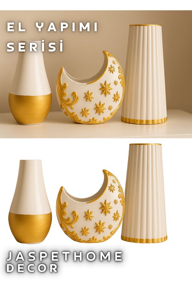 Vazo Dekor Kuru Çiçek için Tasarım Modern Rustik Salon Hediyelik Gold 3'lü Set - 2