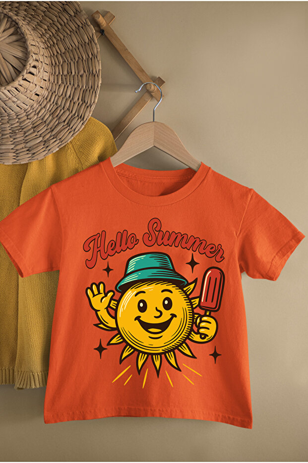 Hello Summer Printed Cotton Crew Neck Short Sleeve Youth and Children's Tshirt