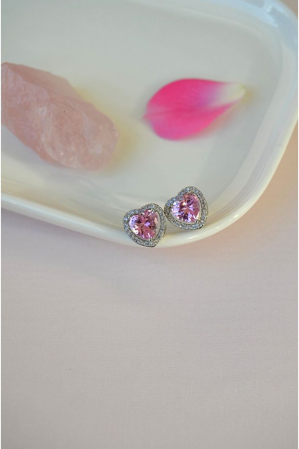 Pembe Zirkon Taşlı Kalp Küpe Kalp Model Küpe - 7