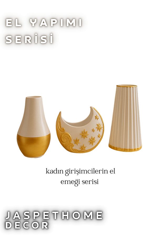 Vazo Dekor Kuru Çiçek için Tasarım Modern Rustik Salon Hediyelik Gold 3'lü Set - 5