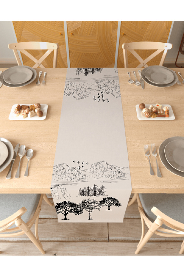 Forest Mountain Bird Patterned Special Design Runner Digital Printed Decorative Tablecloth Stylish Home Decoration
