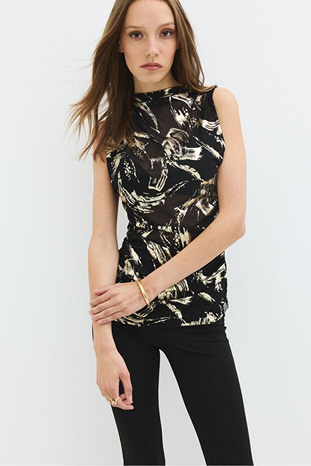 Sequin Patterned Sleeveless Draped Blouse - 2