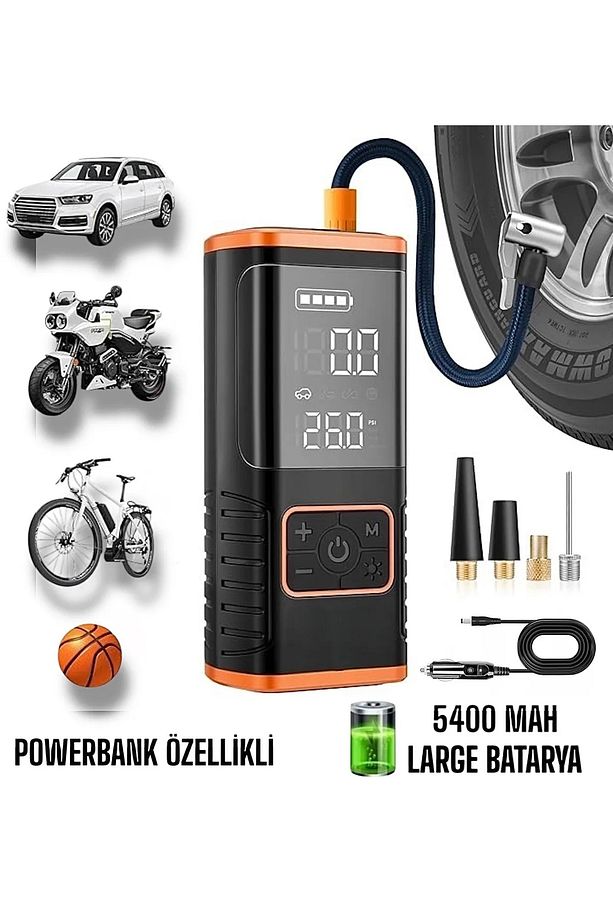 Enshal Hava Kompresörü 5400mAh Şarjlı+Araç Çakmaklık Taşınabilir Araç Lastik Top Şişirme Pompası - 5