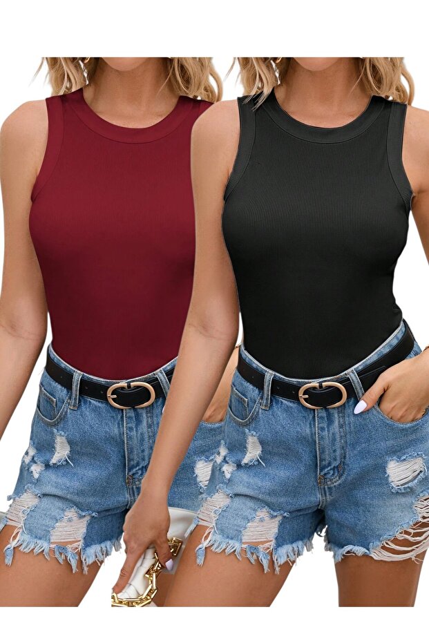 2-Piece Halter Neck Ribbed Knitted Cotton Body Undershirt