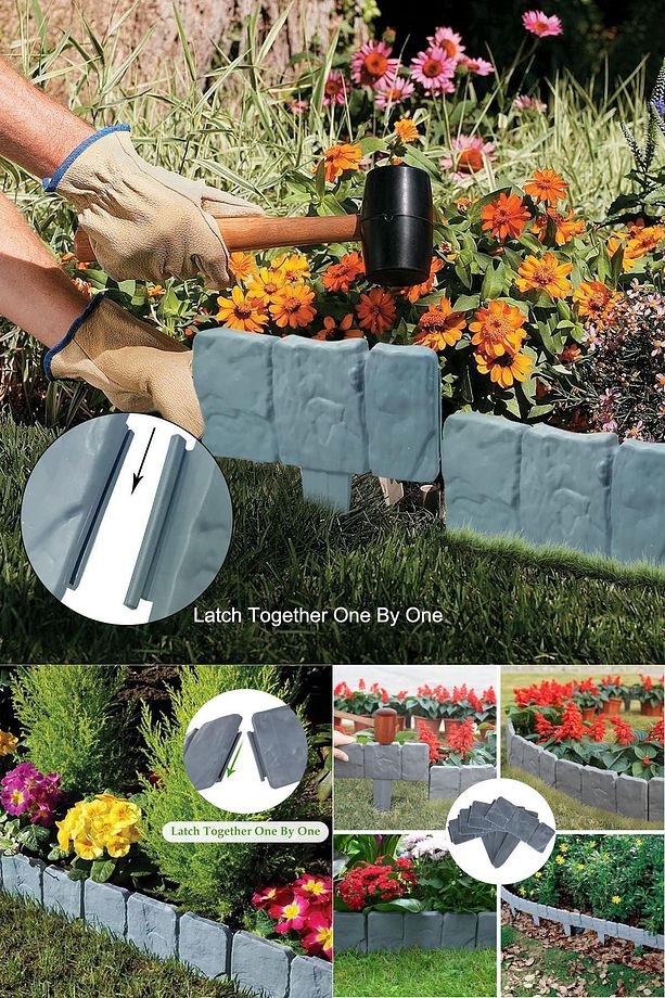 10 Adet Toprak Çim Sınırlarını Belirlemek İçin Taş Görünümlü Modüler Bahçe Kenar Çiti Panel Pratik - 6
