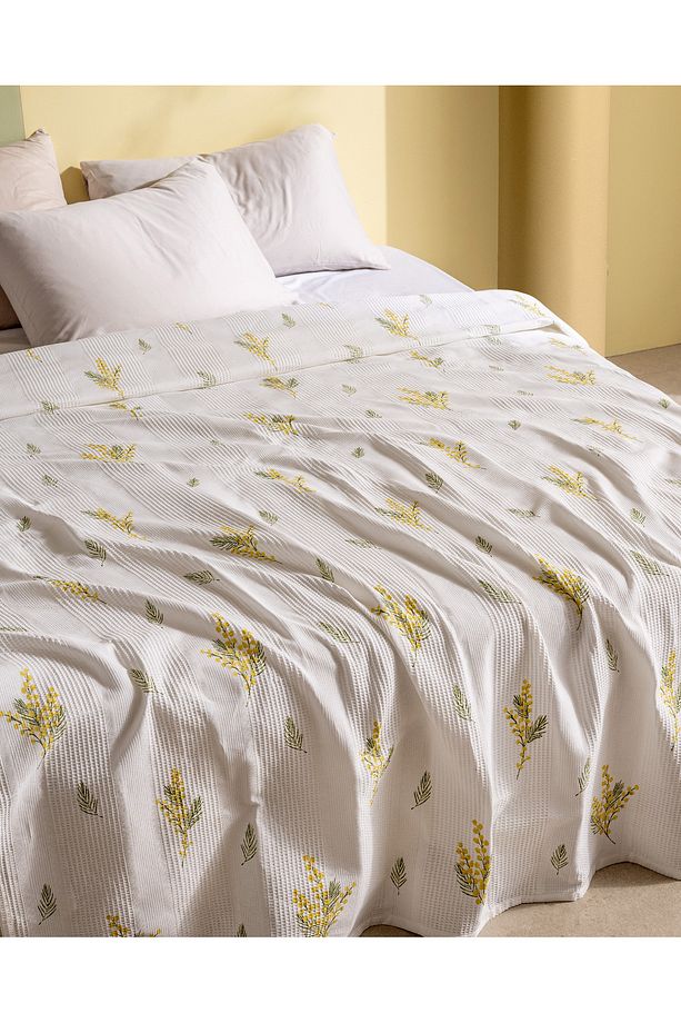 Yvette King Size %100 Pamuk Karde Baskılı Pike - Sarı - 3