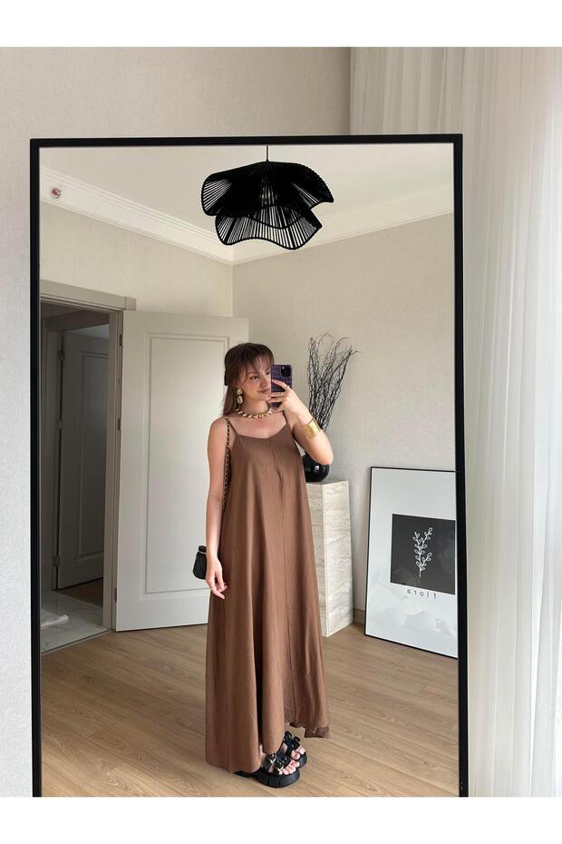 İnce Askılı Uzun Elbise Taş - 1