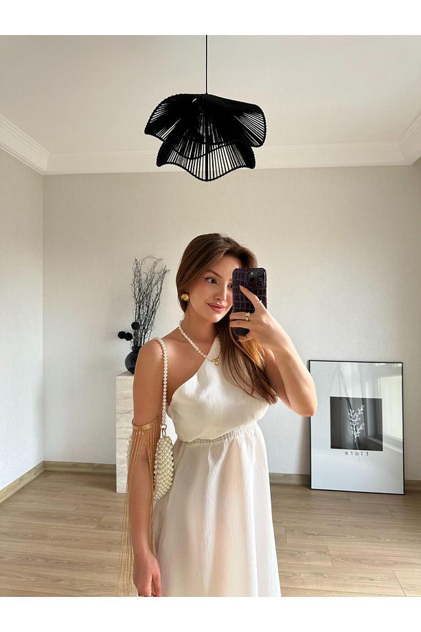 Beli Lastikli Tek Omuz Midi Elbise Ekru - 4