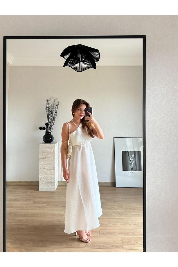 Beli Lastikli Tek Omuz Midi Elbise Ekru - 1