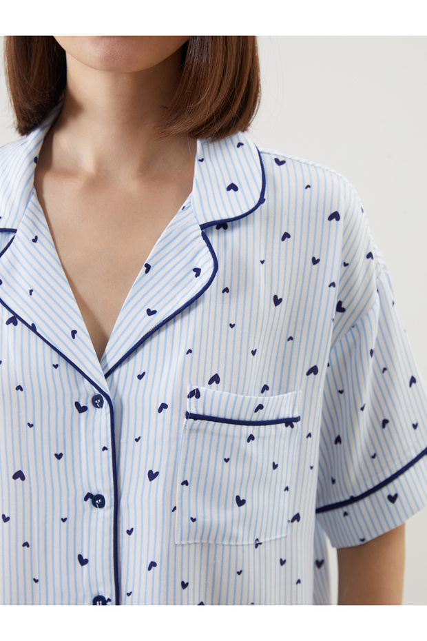 Gömlek Yaka Desenli Kadın Şortlu Pijama Takımı - 3