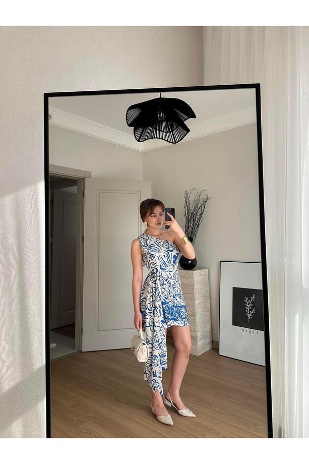 Yaprak Desenli Tek Omuz Büzgülü Elbise Mavi - 8