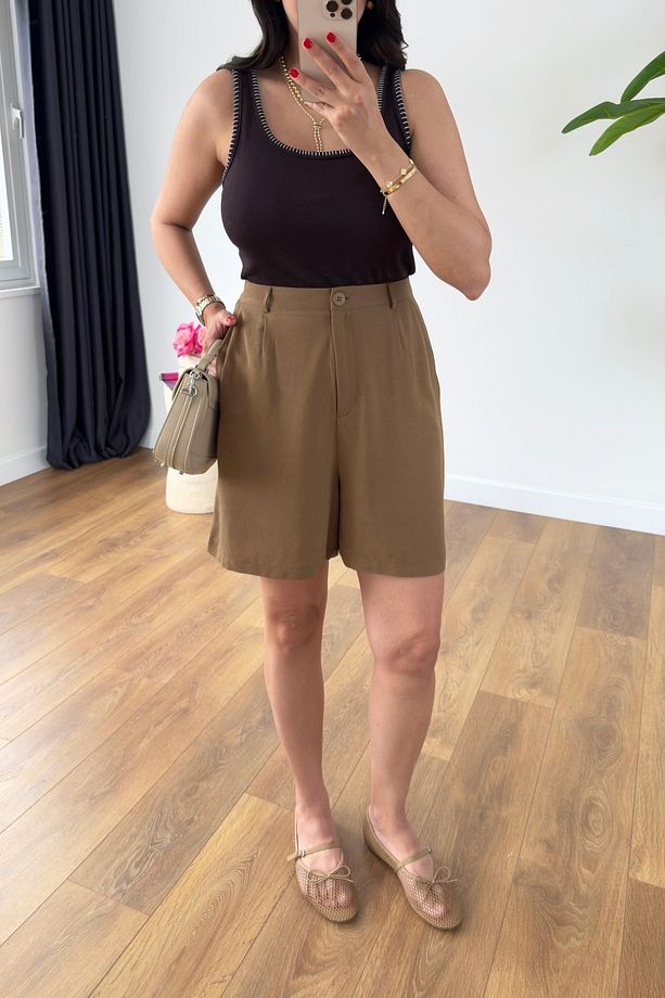 Mandy Kahve Keten Şort - 2