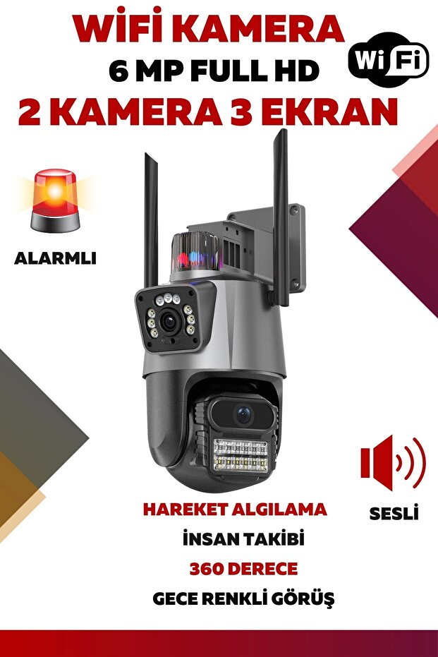 2 Kameralı 3 Ekranlı 6 MP Wifi Hareket Algılamalı Alarmlı Wifi Kamera Yapay Zeka Tak Çalıştır XWREY4 - 1