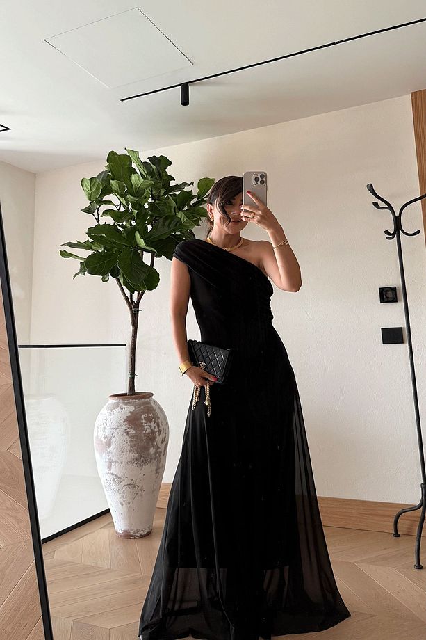 Tek Omuz Drape Yaka Elbise - 3