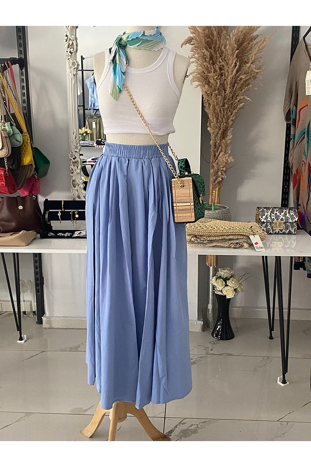 Maxi Boy Beli Kalın Lastikli Basic Kloş Poplin Etek - 1
