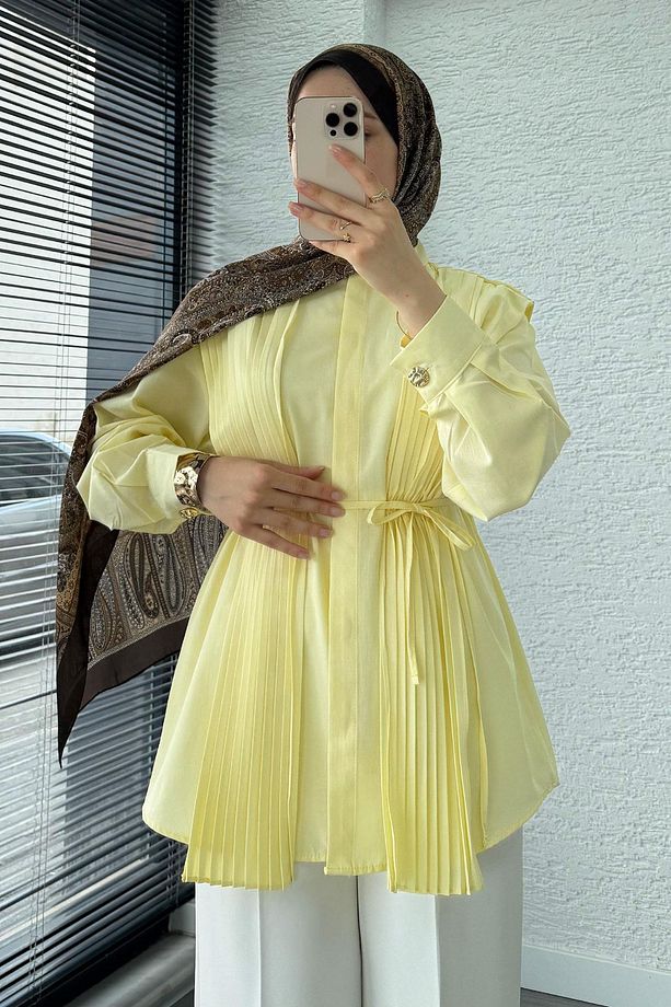 Pliseli Tasarım Poplin Tunik - Sarı - 1