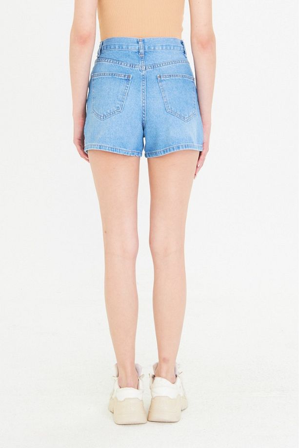 Kadın Mini Jean Şort, Yüksek Bel, Fermuarlı, 5 cep %100 pamuk Denim Kot @Potenza - 3