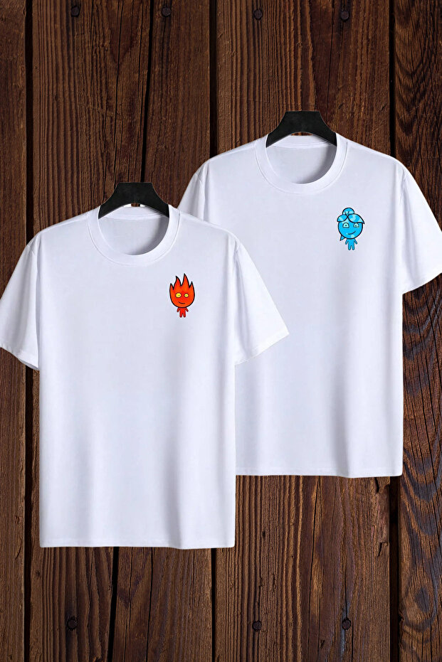 Fire and Water 2-Piece Couple Lover Combination T-Shirt - White Printed Oversize Crew Neck Short Sleeve
