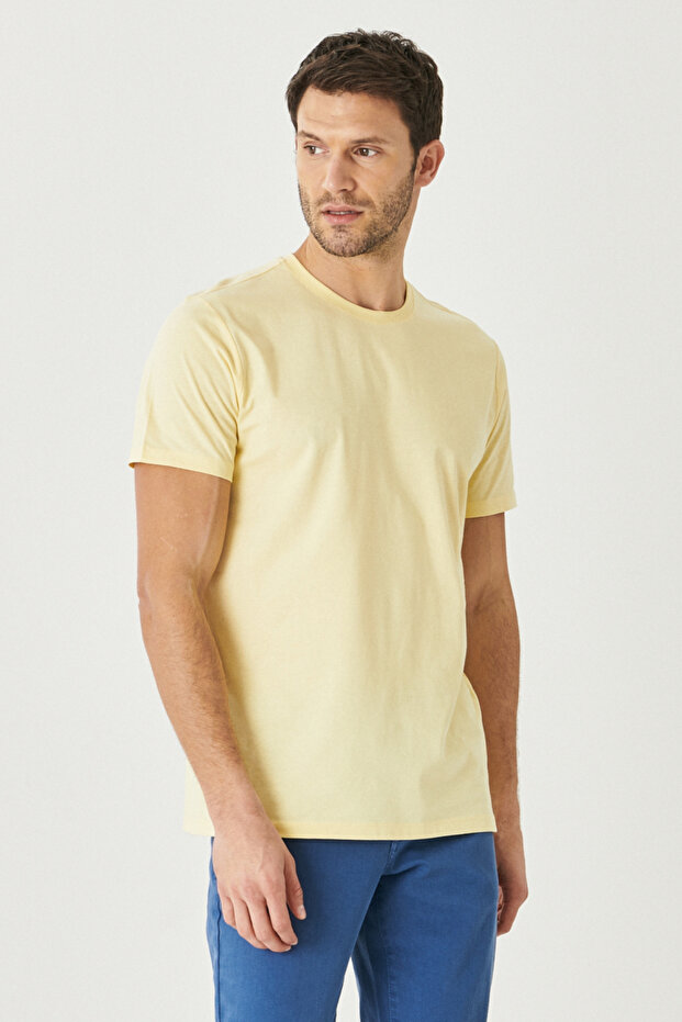 Erkek Sarı %100 Pamuk Slim Fit Dar Kesim Bisiklet Yaka Basic Tişört - 3