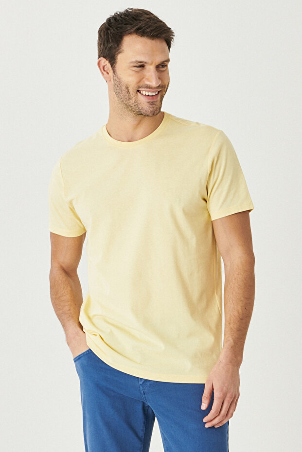 Erkek Sarı %100 Pamuk Slim Fit Dar Kesim Bisiklet Yaka Basic Tişört - 5