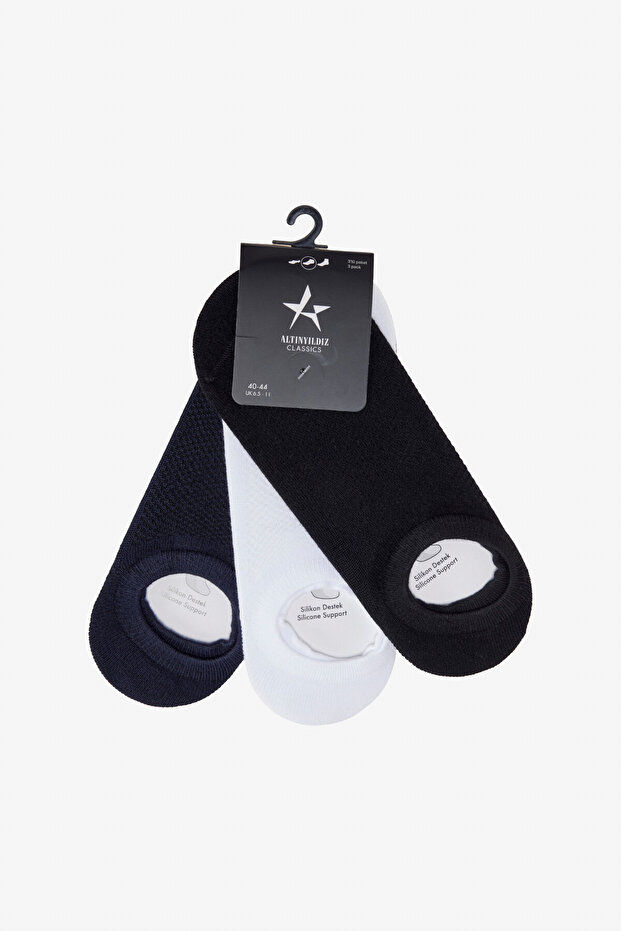 Erkek Siyah-Lacivert-Beyaz 3'lü Paket Silikon Destekli Sneaker Çorap - 1