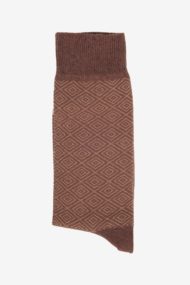 Erkek Kahve-Bej Pamuklu Esnek Desenli Tekli Soket Çorap - 3