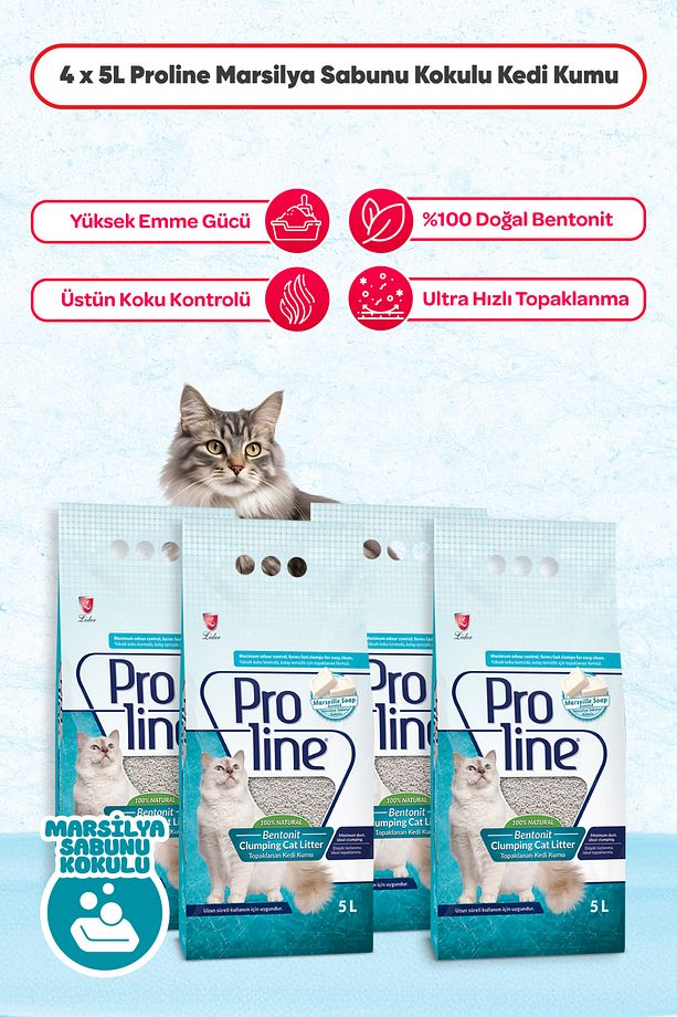 4 Adet - Proline Marsilya Sabunlu Topaklanan Bentonit Kedi Kumu 5 Lt - 1