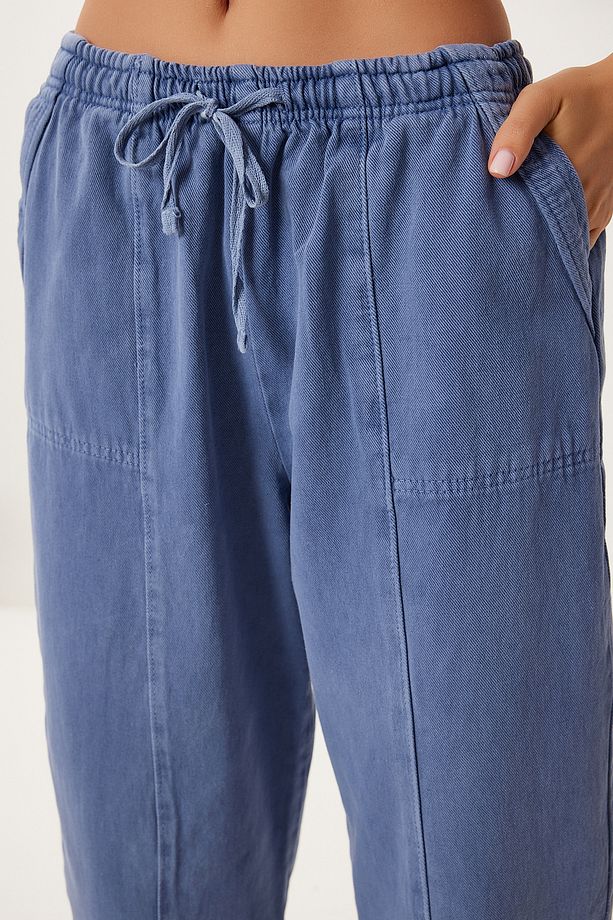 Kadın İndigo Mavi Capri Rahat Gabardin Pantolon GP00019 - 4