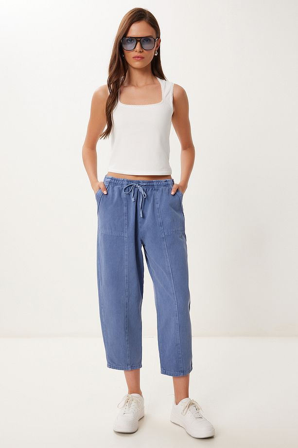 Kadın İndigo Mavi Capri Rahat Gabardin Pantolon GP00019 - 3
